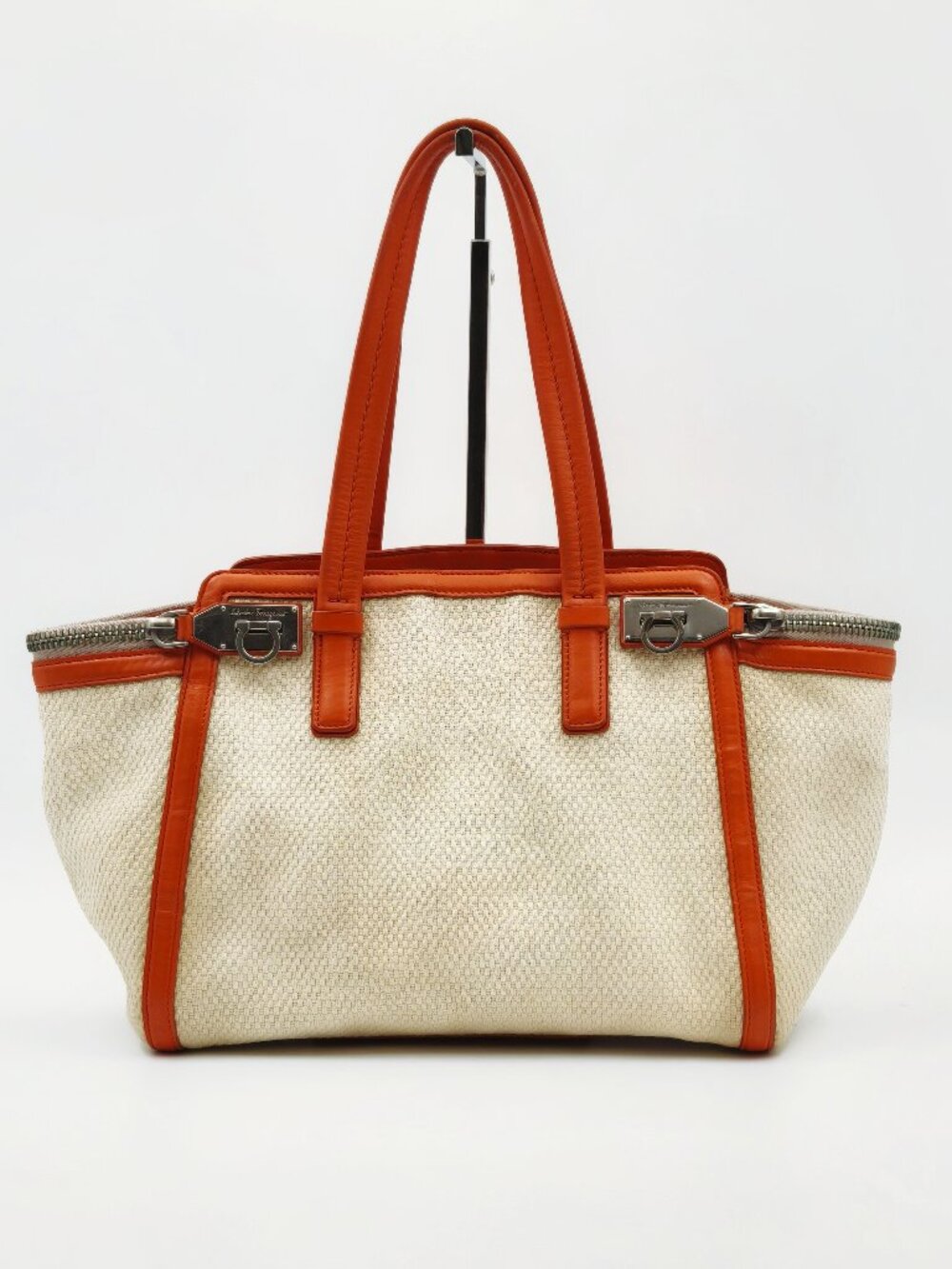 Salvatore Ferragamo Gancini Cream Canvas Orange Leather Tote Shoulder Bag Italy